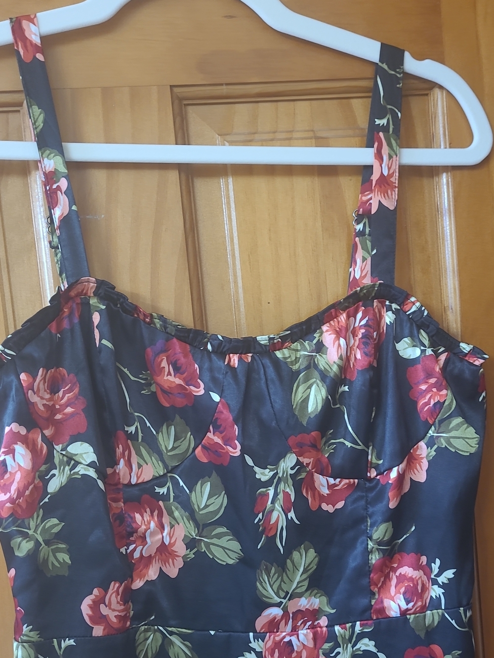 Audrey 3+1 Black Satin Chemise with Red Rose Print